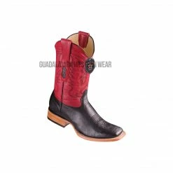 Guadalajara Western Wear Los Altos Black/Red Ostrich Belly Wide Square Toe Cowboy Boots