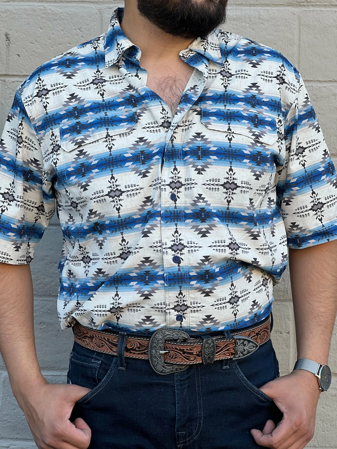 Guadalajara Western Wear Men Ariat Ventek Twilight Blue Serape Classic Short Sleeve Shirt 3 Guadalajara Western Wear Men Ariat Ventek Twilight Blue Serape Classic Short Sleeve Shirt