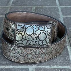Guadalajara Western Wear Men Floreado Lazer Cut Leather Belt - Cafe (Brown) / Plata (Silver)