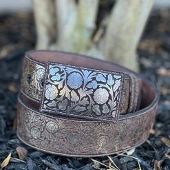 Guadalajara Western Wear Men Floreado Lazer Cut Leather Belt - Cafe (Brown) / Plata (Silver)