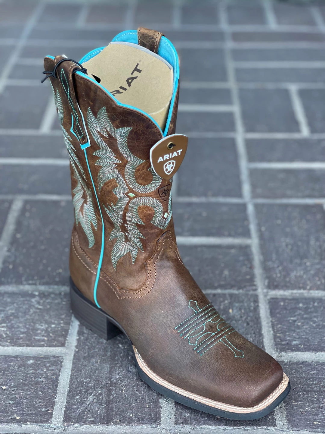 Guadalajara Western Wear Ariat Women's Tombstone Sassy Brown With Turquoise Stitch Double Welt Wide Square Toe Boot 3 Guadalajara Western Wear Ariat Women's Tombstone Sassy Brown With Turquoise Stitch Double Welt Wide Square Toe Boot