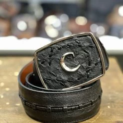 Guadalajara Western Wear Cuadra Black Modern Ostrich Leather Belt Men