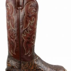 Reywelt Leather Tooled Print Square Toe Tall Cowgirl Boots
