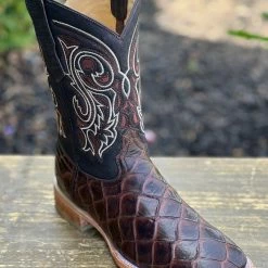 Guadalajara Western Wear Men Pirarrucu Print Brown Wide Square Toe Cowboy Boots