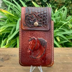Guadalajara Western Wear Accessories Tombstone Rich Brown Leather Tooled Horse Cell Phone Case