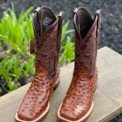 Ariat Tanner Mark Cognac Ostrich Print Wide Square Toe Cowboy Boot