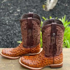 Ariat Tanner Mark Cognac Ostrich Print Wide Square Toe Cowboy Boot