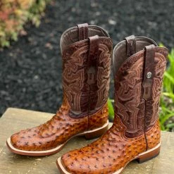 Ariat Tanner Mark Cognac Ostrich Print Wide Square Toe Cowboy Boot