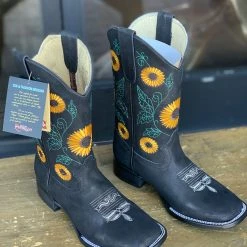 Reywelt Sunflower Black Floral Square Toe Cowgirl Boots Women
