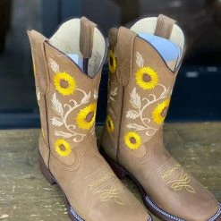 Reywelt Sunflower Light Brown Floral Square Toe Cowgirl Boots Women