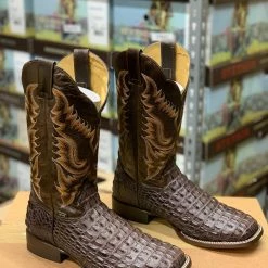 Reywelt Men Reyme Dark Brown Caiman Print Leather Sole Wide Square Toe Cowboy Boot