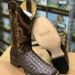 Reywelt Men Reyme Dark Brown Caiman Print Leather Sole Wide Square Toe Cowboy Boot