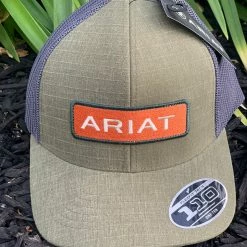 Guadalajara Western Wear Accessories Ariat Olive And Orange Logo Meshback Cap