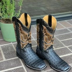 Reywelt Reyme Dark Grey Caiman Print Leather Sole Wide Square Toe Cowboy Boot