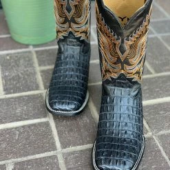 Reywelt Reyme Dark Grey Caiman Print Leather Sole Wide Square Toe Cowboy Boot
