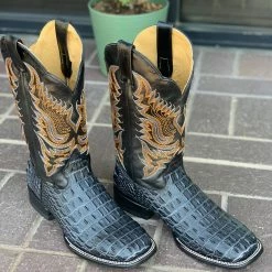 Reywelt Reyme Dark Grey Caiman Print Leather Sole Wide Square Toe Cowboy Boot