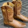 Reywelt Men Reyme Honey Ostrich Print Leather Sole Wide Square Toe Cowboy Boot