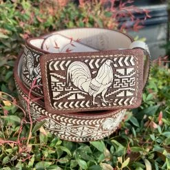 Guadalajara Western Wear Gallo Lazer Cut Leather Belt - Cafe (Brown) / Blanco (White)