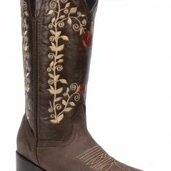 Guadalajara Western Wear White Diamond Brown Floral Square Toe Women Boot