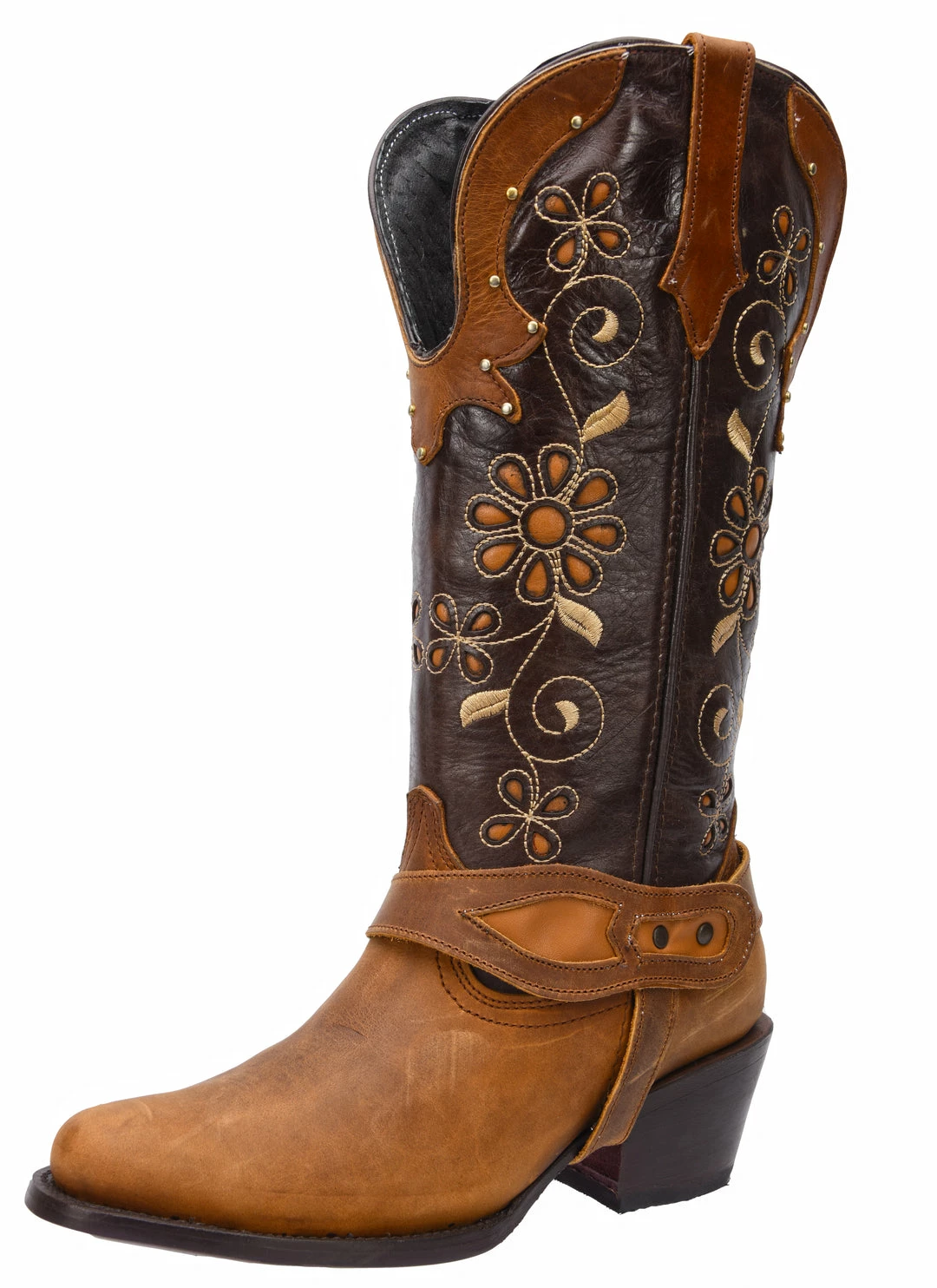Guadalajara Western Wear White Diamond Brown Floral Semi Oval Toe Women Boot 3 Guadalajara Western Wear White Diamond Brown Floral Semi Oval Toe Women Boot