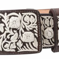 Guadalajara Western Wear White Diamond Piteado Fino Leather Belt - Cafe Men