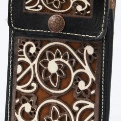 Guadalajara Western Wear White Diamond Lazer Tooled Leather Cell Phone Case - Negro